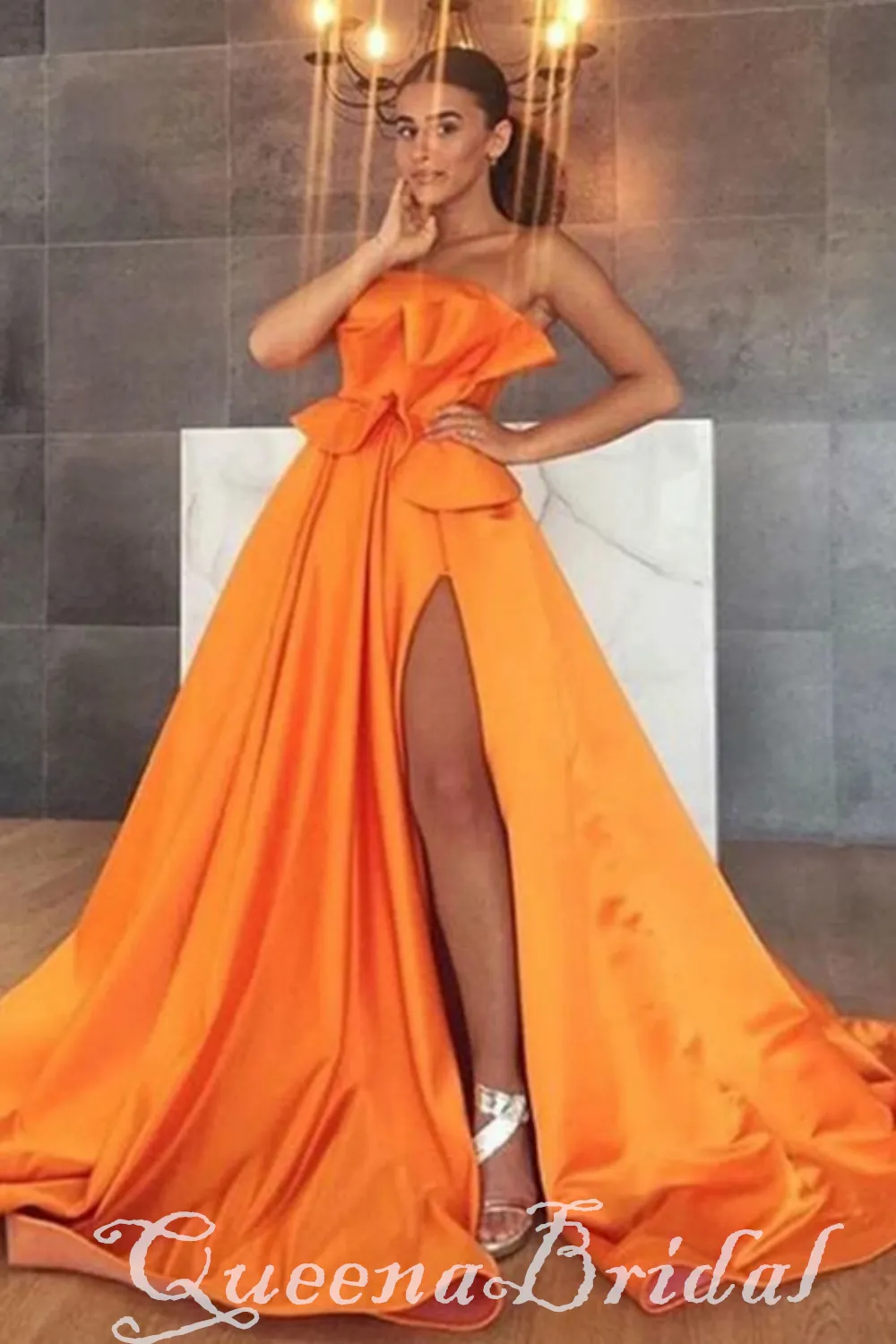 Orange A-line Strapless Evening Gown Maxi Long Evening Party Prom Dresses with Pleats ,WGP1065