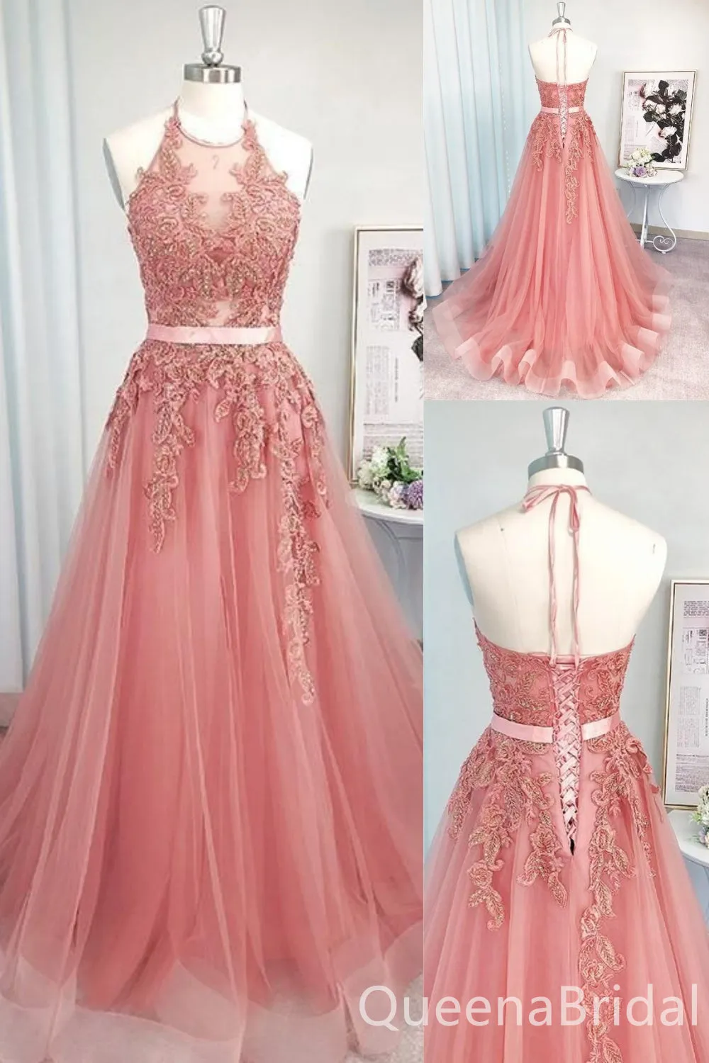 Pink Halter Lace Appliques A-line Evening Gown Maxi Long Evening Party Prom Dresses ,WGP1124