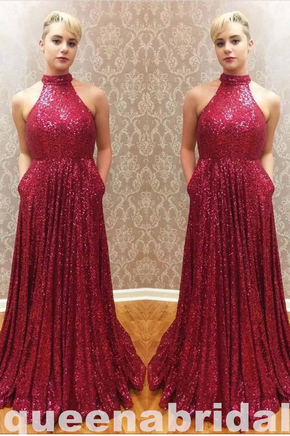 Red Sparkle Halter A-line Evening Gown Maxi Long Evening Party Prom Dresses with Pleats,WGP1059